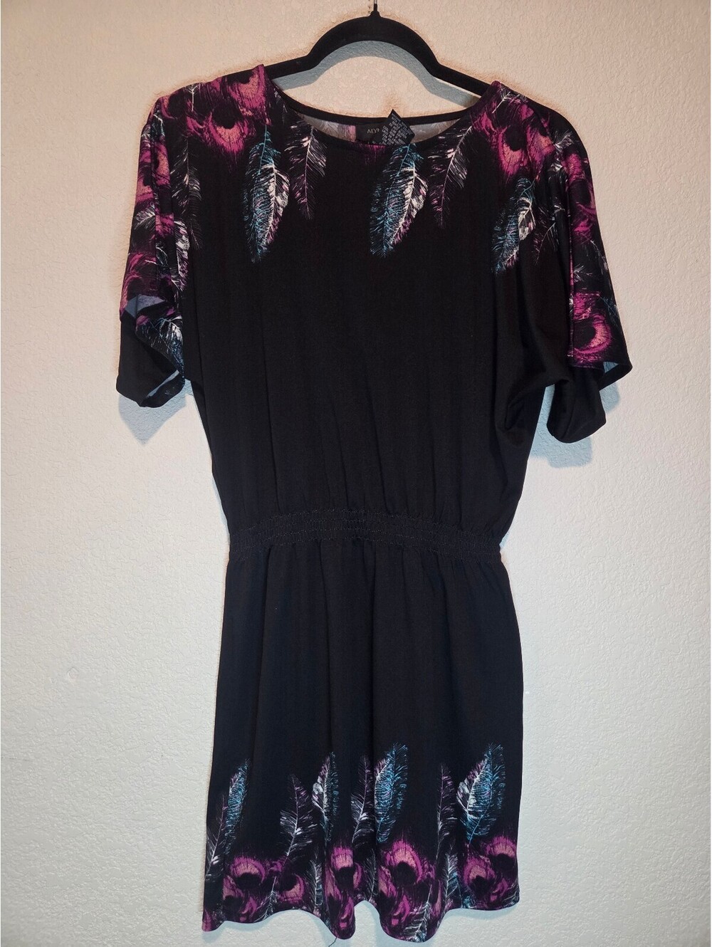 ALYN PAIGE Black Dress with Pink and Blue Feather Print Vintage y2k, Size M